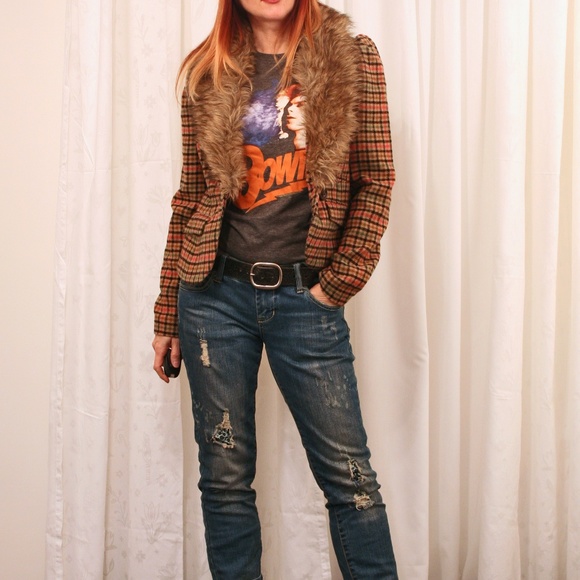 DEPT Plaid Wool Blazer Jacket With Faux Fur Collar Size Small - Picture 3 of 10